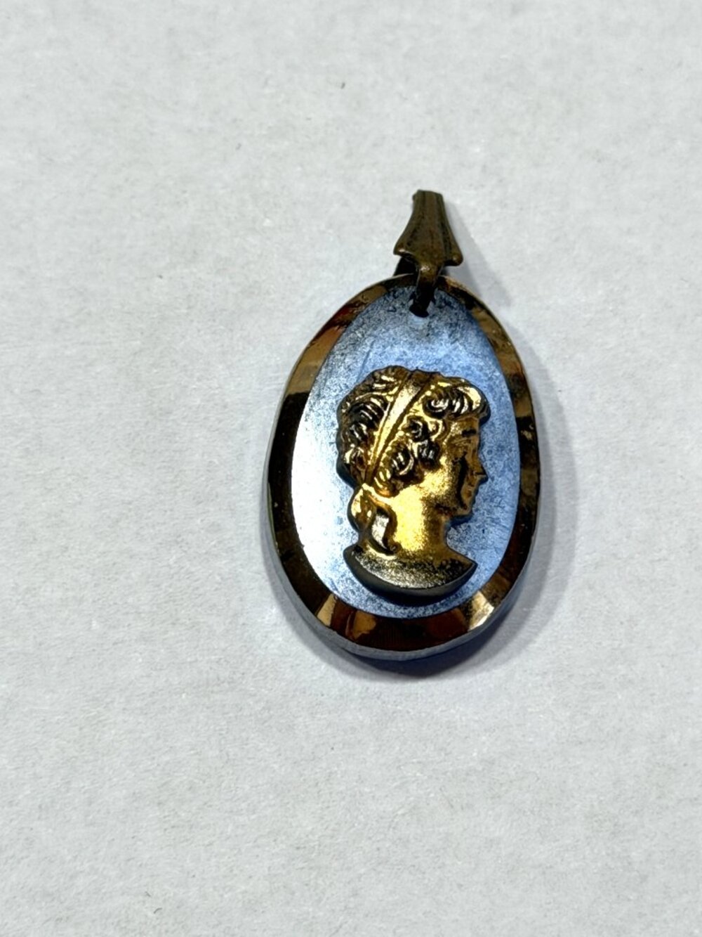 Vintage Blue Glass Cameo Pendant 1” Classical Woman Gold Tone Oval